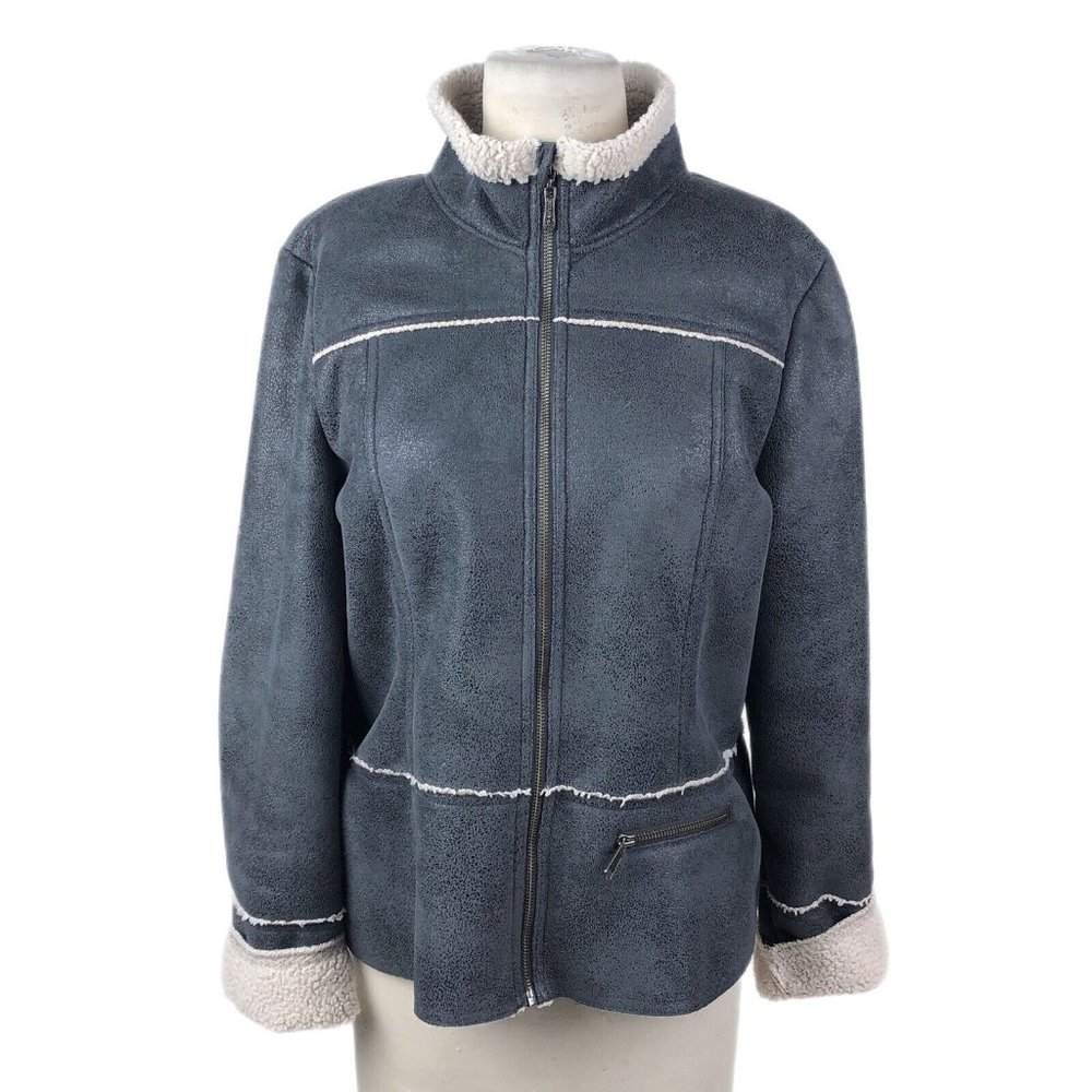Prana Esme Gray Faux Suede Shearling Moto Jacket Full Zip Lined Pocket Size XL